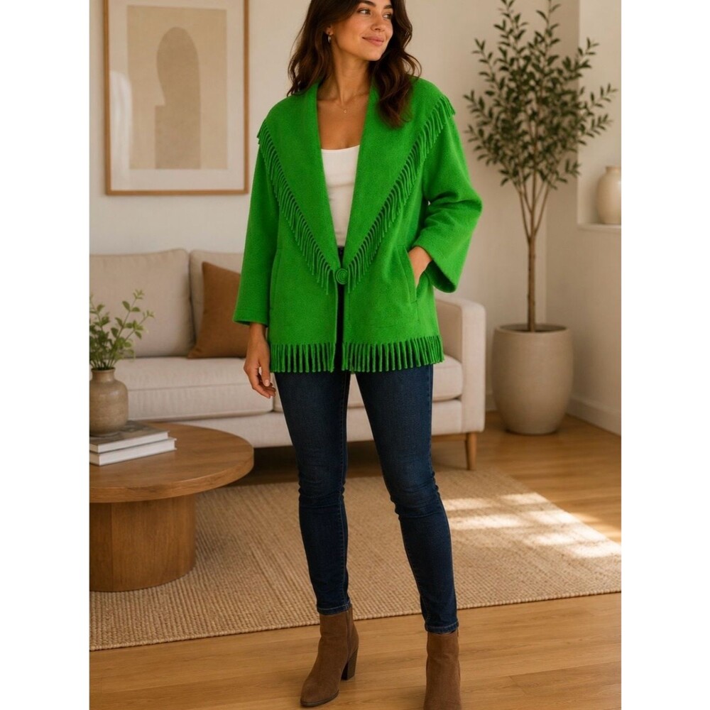 Vintage Gallery Bright Green Fringe-Trim Shawl Collar Pea Coat medium